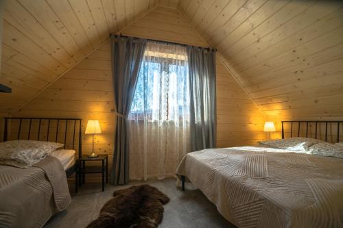 克罗奇琴科Domek u Kozika的阁楼卧室设有两张床和窗户。