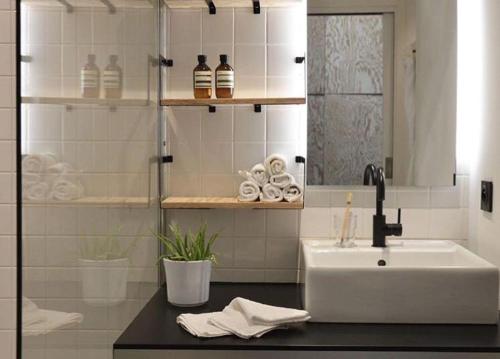 布格奈斯Plaisance Appartements & Suites - Bouguenais Apt的浴室设有水槽和带镜子的台面