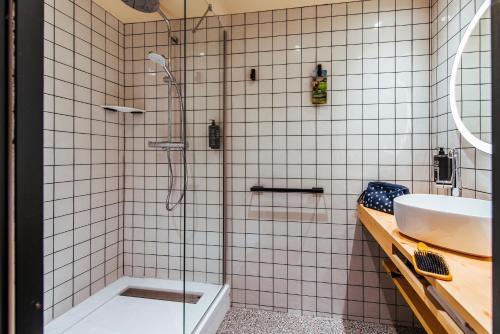 鲁昂Ibis Styles Rouen Centre Rive Gauche的带淋浴和盥洗盆的浴室