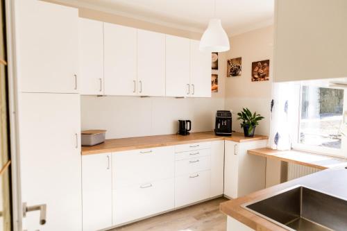 赖弗尼茨Villa Forellenweg的厨房配有白色橱柜和水槽
