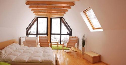 TrăisteniVila Negras的客厅配有床和椅子以及窗户