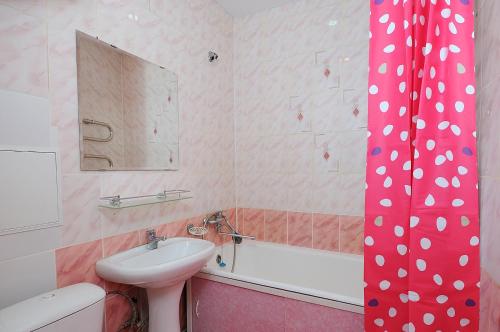 鄂木斯克Omsk Sutki Apartments at 4th Poselkovaya 44的浴室配有盥洗盆、卫生间和浴缸。