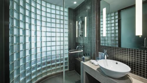 宝山区上海共康智选假日酒店的一间带水槽和玻璃淋浴的浴室