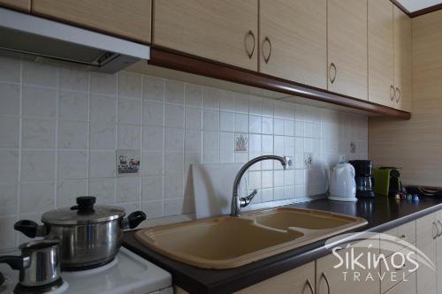 锡基诺斯岛Sikinos Elegant Studio的厨房水槽和炉灶上的锅