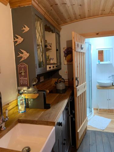 BebsideSheepwash Shepherds Hut的厨房配有水槽和台面
