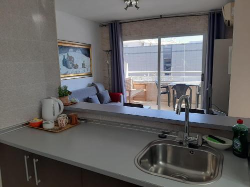 阿尔比尔Albir Sunshine Apartments的带水槽的厨房和客厅美景