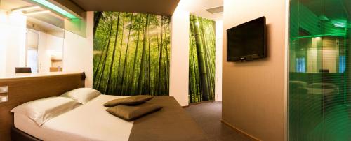 摩萨诺皮内塔酒店的一间卧室设有一张床、一台电视和一个窗口。