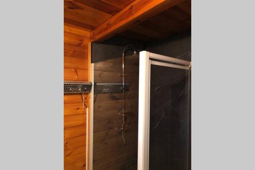 WerisChalet cosy et chaleureux à Wéris près de Durbuy的浴室里设有玻璃门淋浴