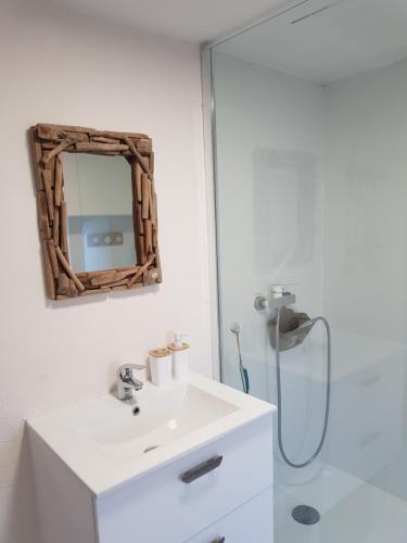 Coye-la-ForêtStudio Chantilly的浴室设有水槽和墙上的镜子