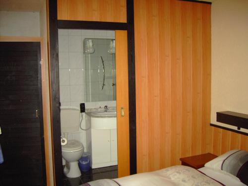 罗斯多夫赫司科希豪斯酒店的浴室设有床、卫生间和水槽。