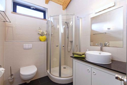 岑平Holiday home in Zempin (Seebad) 3240的带淋浴、盥洗盆和卫生间的浴室