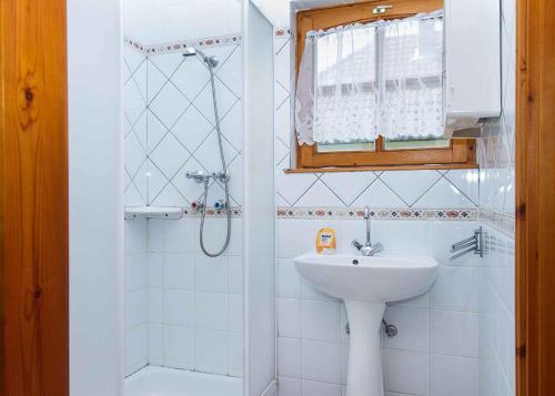 鲍洛通凯赖斯图尔Holiday home in Balatonmariafürdo 19539的白色的浴室设有水槽和淋浴。
