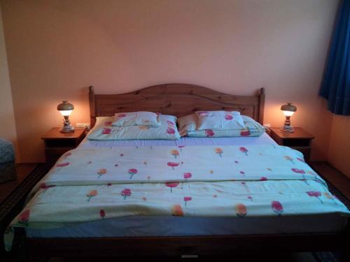 福纽德Apartment in Fonyod/Balaton 18594的一张带鲜花的蓝色棉被的床