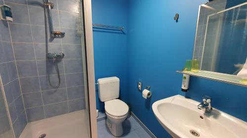 RamselHotel Amethist的蓝色的浴室设有卫生间和水槽