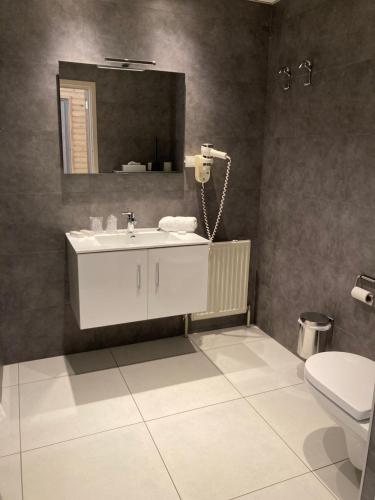 洛布奥特桑布尔酒店的一间带水槽、镜子和卫生间的浴室