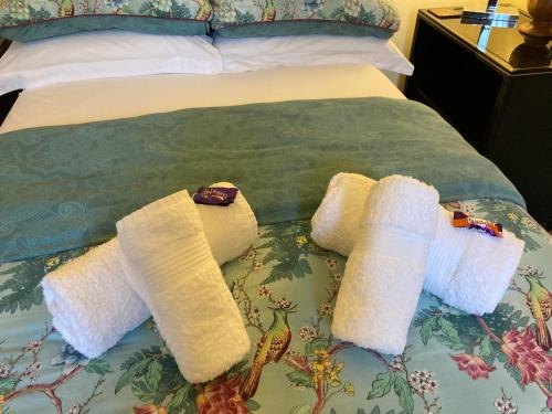 贝尔法斯特Mountroyal Victorian Studio Self Catering Apartment的床上有两条包毛巾