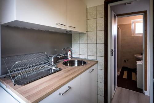 索尔沃什Ciprus Lak的厨房柜台设有水槽和水槽