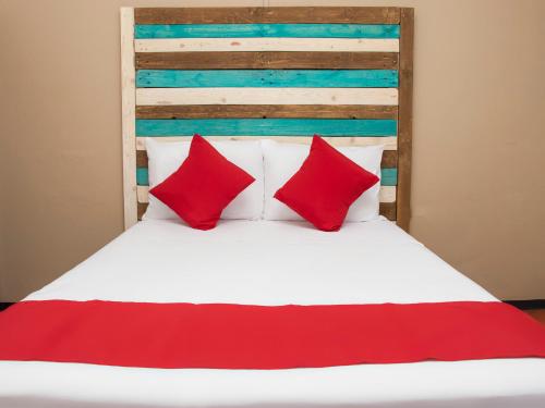 奇瓦瓦Hotel Allende 104的一张带红色枕头的床和木制床头板