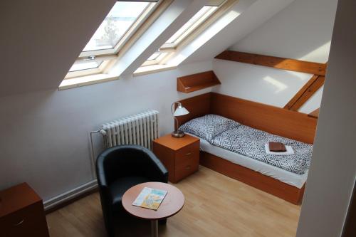 斯拉尼Ubytování Na špejcharu, Želevčice的小型阁楼卧室配有1张床和1把椅子