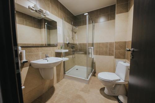 锡比乌Teatro的浴室配有卫生间、盥洗盆和淋浴。