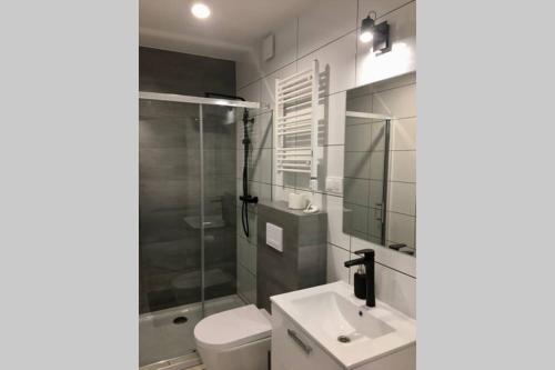 雷布尼克Apartament Fibra Bounty的浴室配有卫生间、盥洗盆和淋浴。