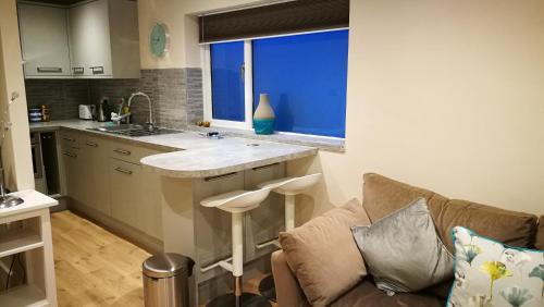 鲍内斯温德米尔Lowghyll suite的厨房配有柜台、水槽和沙发