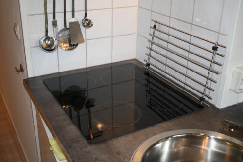 霍勒姆LUXE Appartement ZEEDUIN, Bgg, eigen Terras - volledige KEUKEN- Resort Amelander Kaap, Incl verwarmd Hotel-ZWEMBAD的厨房配有不锈钢水槽和炉灶。