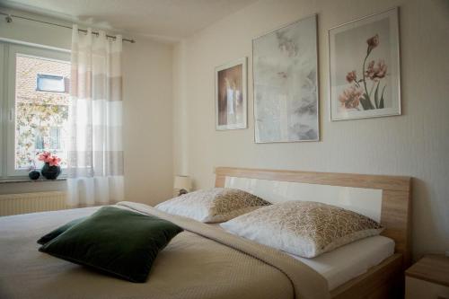巴林根Ferienwohnung Donau的一间卧室配有带两个枕头的床和窗户