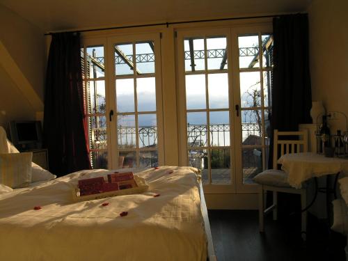博登湖畔克雷斯波洛Pension am Bodensee (Adults only)的一间卧室设有一张床和一个大窗户