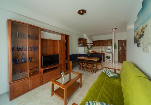 阿雷亚布兰卡海滩White Beach House的客厅配有绿色沙发和桌子