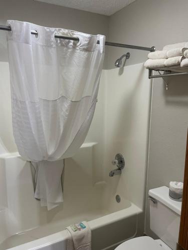 布兰森秀岭酒店的一间带白色淋浴帘的浴室