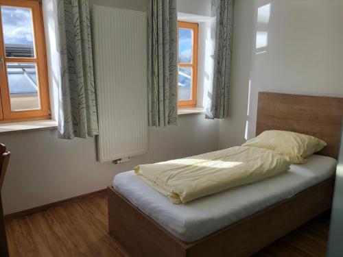 法伦茨豪森Fischerhof的卧室内的一张床位,设有两个窗户