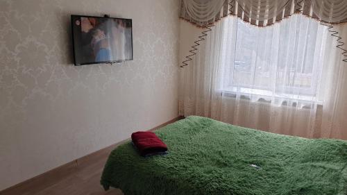 索罗卡Apartament in chirie Moldova or.Soroca的一间卧室设有一张绿色的床和一个窗户。