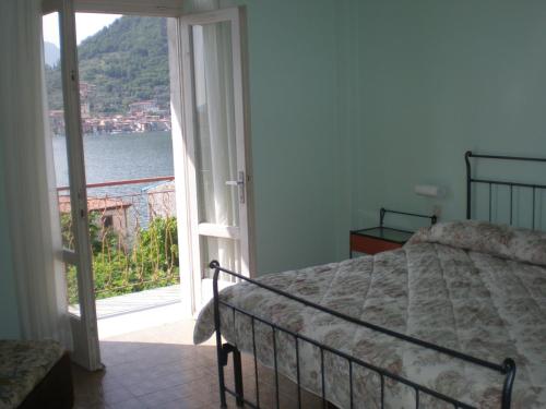 苏尔扎诺Albergo Ristorante Aquila的一间卧室配有一张床,享有水景