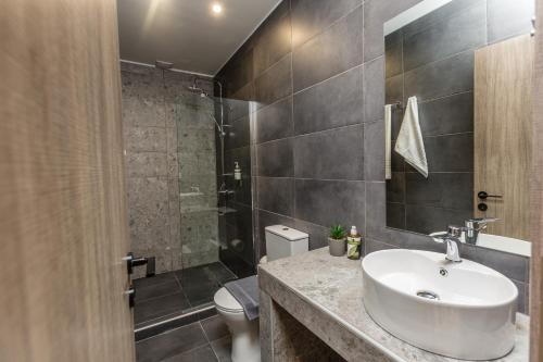 雅典Raise Athens Metro Apartments的一间带水槽和淋浴的浴室