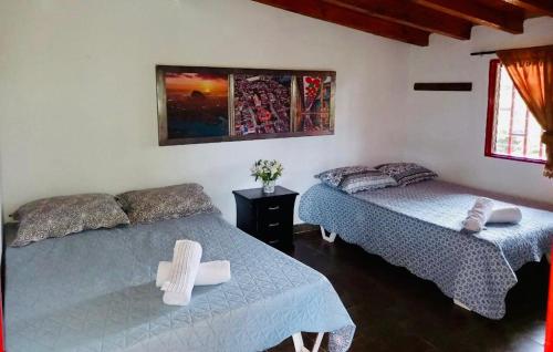 瓜塔佩Casa Roja Parche Campestre - Hospedaje Guatapé的卧室配有两张床,墙上挂着一幅画