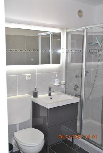 不来梅港Apartment Meerblick的浴室配有卫生间、盥洗盆和淋浴。