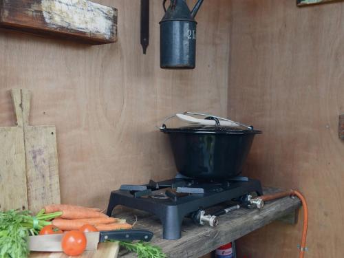 卡兰茨奥赫蒂皮卡兰茨奥赫豪华帐篷的炉灶上的锅子,桌上有胡萝卜