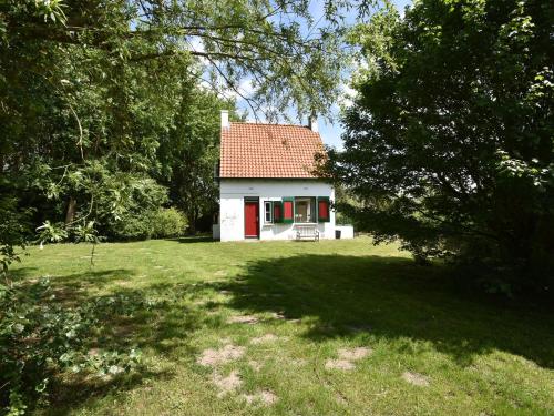 奥德多普Quintessential holiday home in Ouddorp with garden的一座白色的小房子,在田野上设有红色屋顶