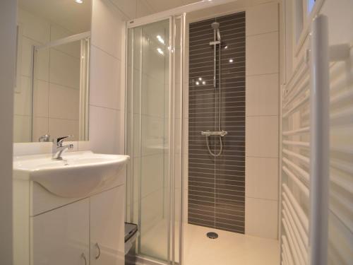 福尔登Nice chalet with dishwasher and wooded location的白色的浴室设有水槽和淋浴。