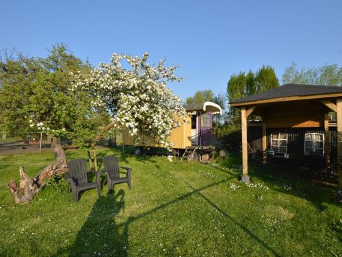 贝亨奥普佐姆Holiday Home in Bergen op Zoom with Garden的一个带两把椅子的院子和一棵白花树