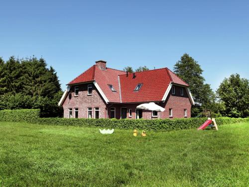 NeedeSpacious farmhouse in Achterhoek with play loft的田野上红色屋顶的房子