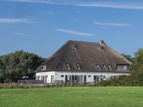 德科克斯多普Apartment in farmhouse on the island of Texel的一座带茅草屋顶的大型白色建筑