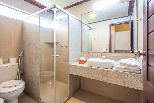 嘎林海斯港Ocaporã Hotel All Inclusive的一间带水槽、卫生间和镜子的浴室