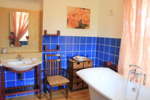 西格纳吉科尔萨住宿加早餐旅馆的蓝色瓷砖浴室设有水槽和浴缸