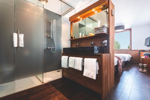 兰德赫拉夫Alpine Hotel SnowWorld的带淋浴、盥洗盆和镜子的浴室