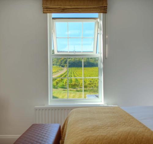 多尔金Denbies Vineyard Hotel的一间卧室设有一张床和一个美景窗户。