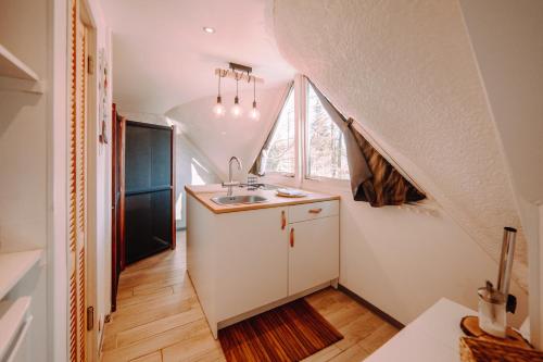 GesvesChalet Boréal avec bain à bulles - In the Woods的一个带水槽和窗户的小厨房