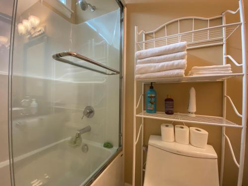 纳奈莫海岛度假屋的浴室配有淋浴和带毛巾的卫生间。