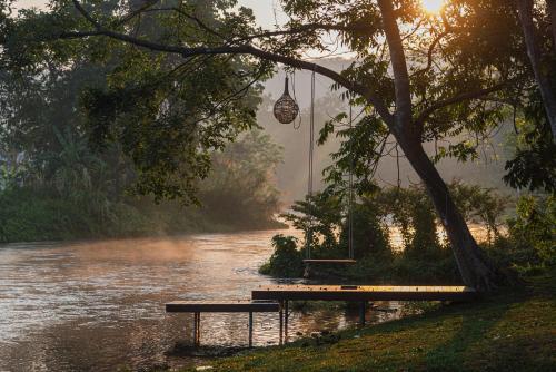 班康卡臣The Tree Riverside Kaeng Krachan的河边野餐桌和长凳